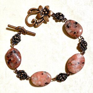 2/$20, Pink Rhodonite Floral Bracelet, Genuine Gemstone + Copper Rose